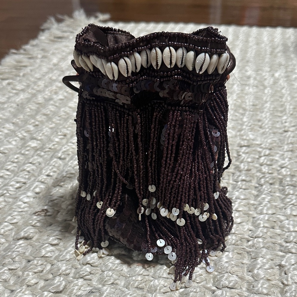 Zara Brown Beaded Clutch with Shell Accents